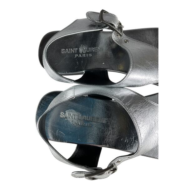 Saint Laurent Ankle Strap Silver Leather Flat Sandals - Picture 7 of 11